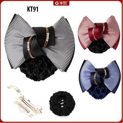 GOTI  - Kẹp Tóc Hình Nơ Kẻ Sọc Có Búi Lưới Phối Xích Nhỏ Đính Đá Cao Cấp Kẹp Tóc Dành Cho Nữ Công Sở, Hàng Không, KT91