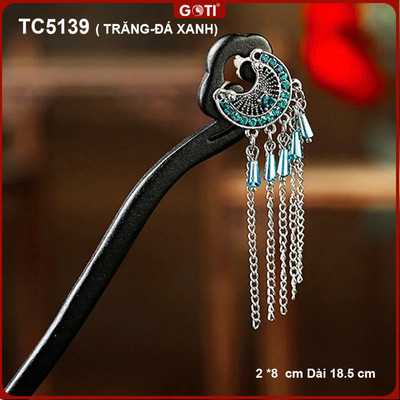 GOTI Trâm Cài Phong Cách Cổ Trang Dành Cho Nữ Hiện Đại -Trâm Búi Tóc Hình Trăng Xanh Tua Rua Cổ Điển TC5139 TC5138