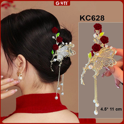 GOTI – Kẹp Tóc Răng Dành Cho Nữ Kiểu Kẹp Càng Cua Lớn Hình Hoa Hồng Đỏ Hạt Tua Rua Dự Tiệc Sang Chảnh KC628