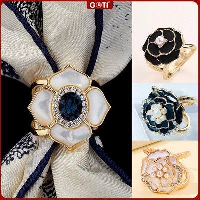 GOTI Nút Thắt Khăn Quàng Cổ Lụa Khuy Khóa Cài Khăn Choàng Cổ Lụa Hoa Trắng-Đen Thanh Lịch K915 K916