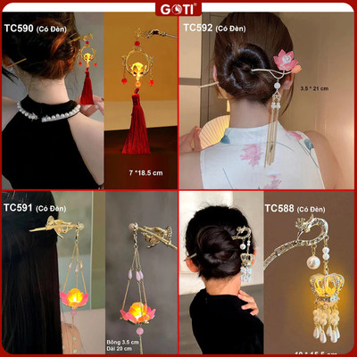 GOTI – Trâm Cài Tóc Kiểu Lồng Đèn Có Đèn Phối Hoa Sen Phong Cách Cổ Trang, Hoàng Cung, Cổ Điển Cho Nữ TC590-TC592