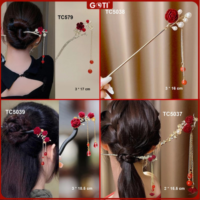 GOTI – Trâm Cài Hoa Hồng Đỏ Phối Tua Rua Phong Cách Cổ Trang Hán Phục Cổ Điện, Hiện Đại TC528