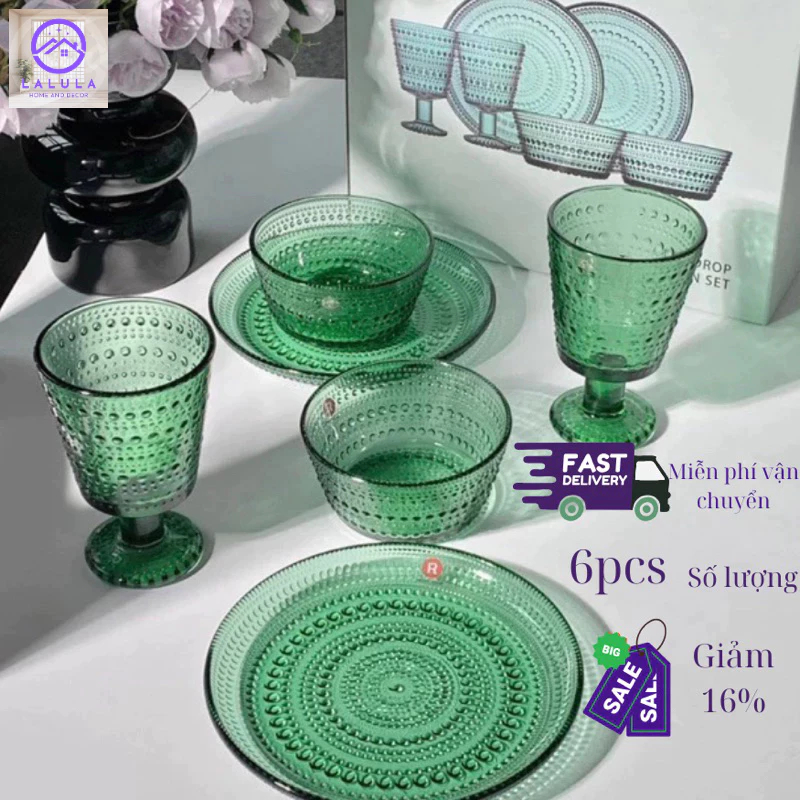 Bộ bát đĩa ly thủy tinh pha lê sang trọng . Sét 6 món bát đĩa thủy tinh xanh ngọc để bàn hàng cao cấp