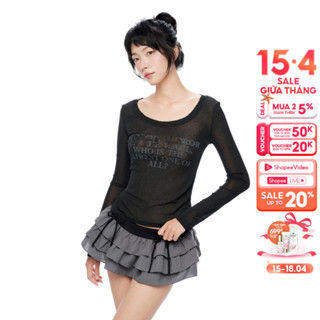 CARA Áo kiểu dài tay nữ Kelyn form ôm in chữ chất thun giấy mỏng