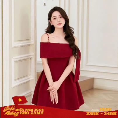 ZAMY SHOP - Váy TK trễ vai đỏ nơ lệch váy body nữ tôn dáng, đầm dự tiêc sang chảnh, váy nữ 2025