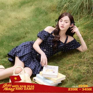 ZAMYSHOP - Váy TK trễ vai họa tiết nơ váy body nữ tôn dáng, váy dịu dàng nàng thơ, váy sang chảnh nữ