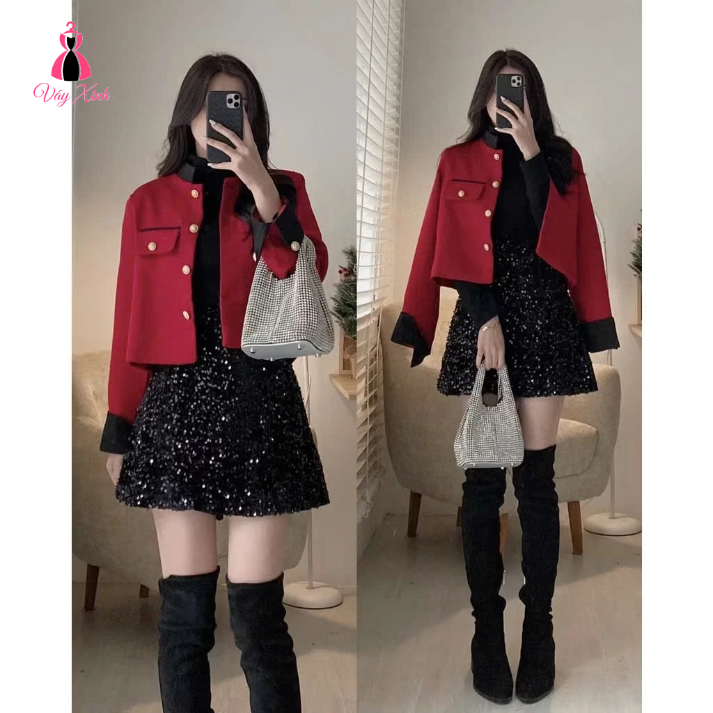 Áo khoác dạ tweed viền nhung, cúc đồng, cổ tàu. Áo khoác dạ nữ dáng ngắn 2 lớp