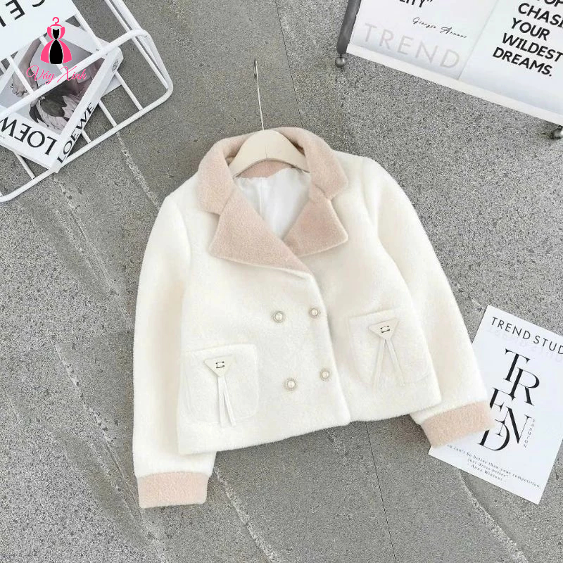 Áo khoác dạ lông thỏ, dáng ngắn cổ vest, túi 2 bên hàng QCCC. Áo khoác nữ douyin sang chảnh