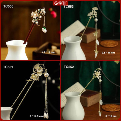 GOTI - Trâm Cài Tóc Búi Gọng Kim Loại Hình 3 Lá Cọ Phối Hạt Tua Rua Phù Hợp Dự Tiệc Dành Cho Nữ Thanh Lịch TC553