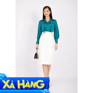  FAS73406 - Áo kiểu công sở vải lụa dáng suông cổ tạo kiểu phối dây viền chỉ thêu họa tiết trang trí - PANTIO 