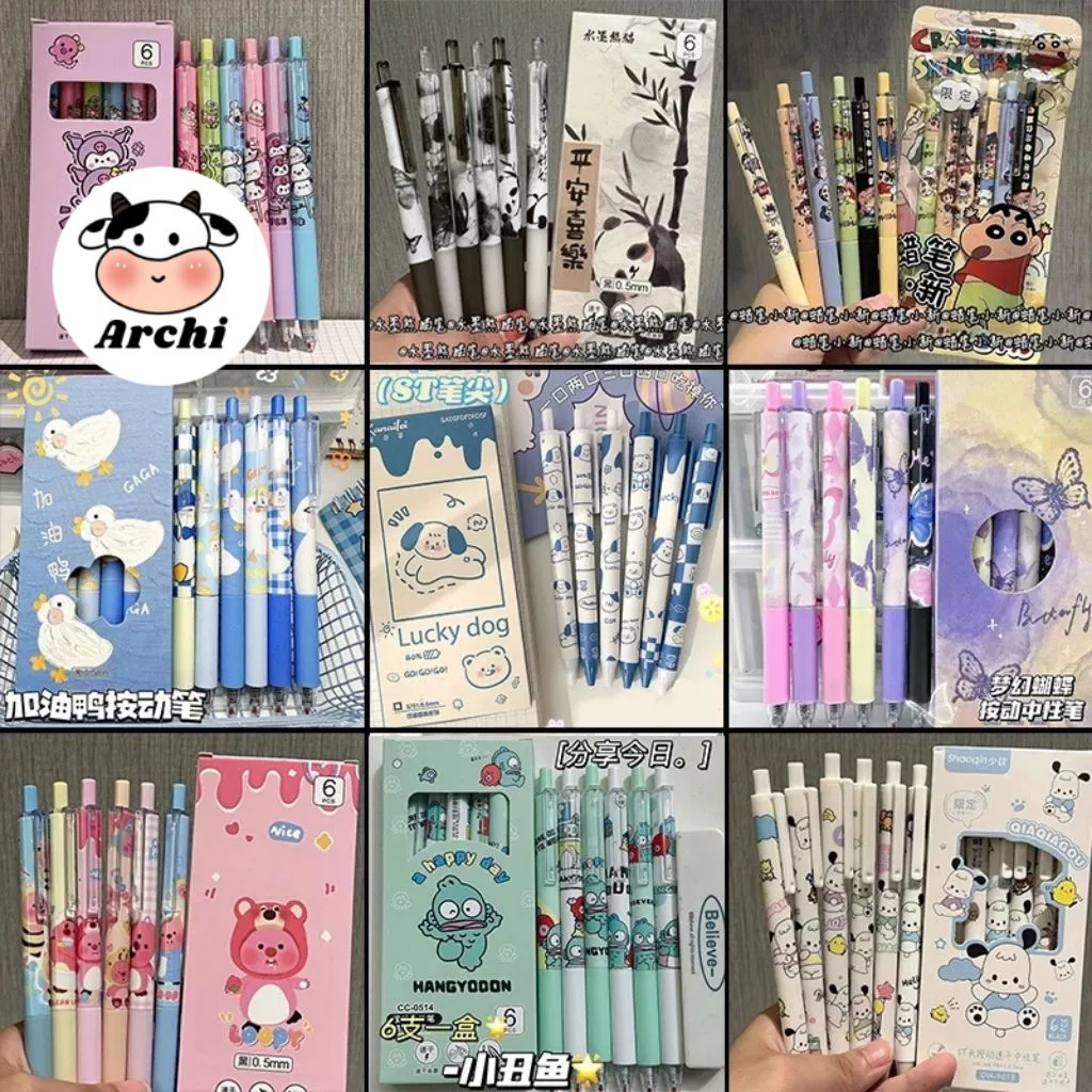 Hộp 6 Cây Bút Viết mực Gel đen Ngòi 0.5mm hoạt hình cute HIRO