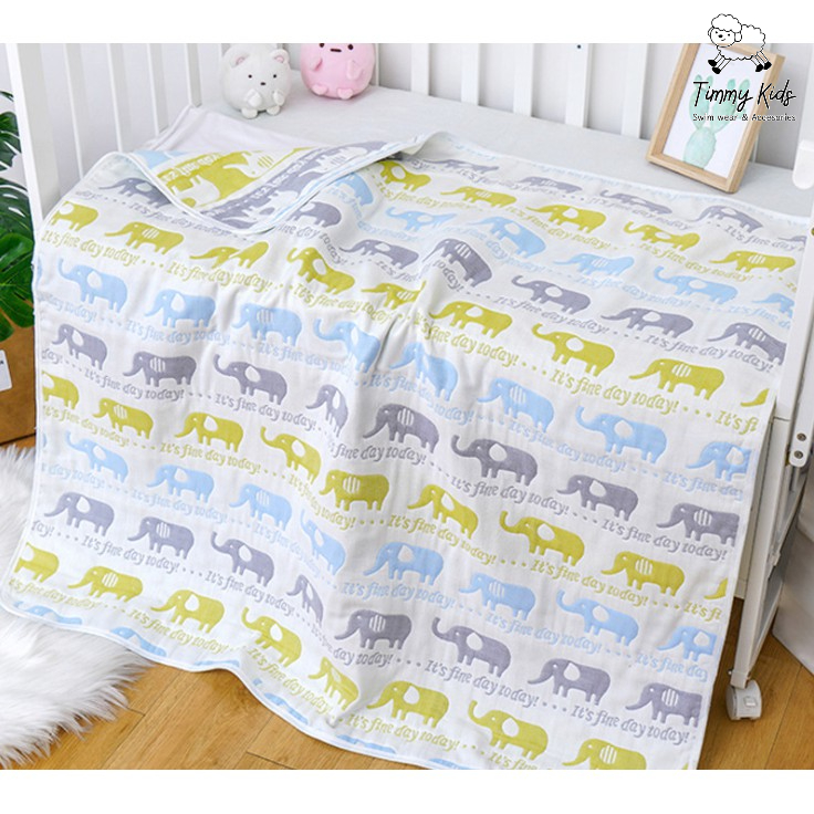 Chăn Gạc 6 Lớp Cho Bé Mùa Hè – Họa Tiết Voi Dễ Thương – Cotton Mềm Mại, Thoáng Khí