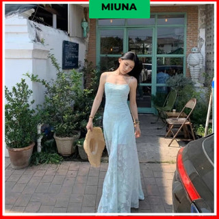  Đầm voan dáng dài hai dây Miuna cúp ngực Đầm điệu xanh pastel mùa hè sang chảnh ren họa tiết D62 
