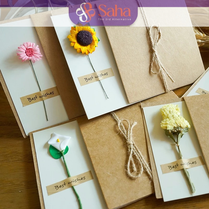 Thiệp Viết Tay SAHA, Thiệp Sinh Nhật Kraft Hoa Khô, Thiệp Cảm Ơn Trang Trí Hộp Quà Tặng Sinh Nhật
