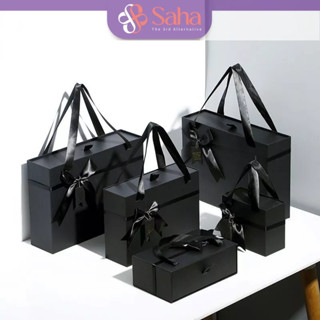 Hộp Quà Sinh Nhật SAHA Tặng Người Yêu Có Quai Túi Xách, Hộp Đựng Quà Sang Trọng Màu Đen Tặng Đối Tác