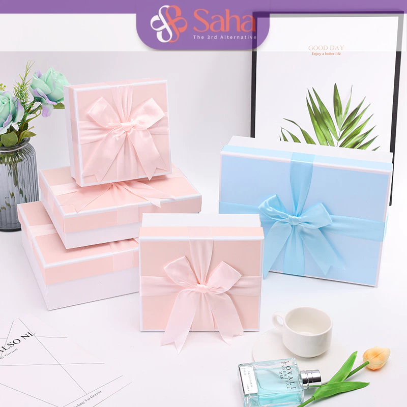 Hộp Đựng Quà Sinh Nhật Kèm Túi SAHA Sang Trọng Màu Hồng, Xanh Pastel Nhiều Size Hộp Lớn Nhỏ - HQ09