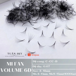 Mi fan volume 6D dày 0.07 cong C-CC-D (500fan/ hộp) mi xòe đều,chân keo nhỏ, Dụng cụ nối mi TUẤN SKY