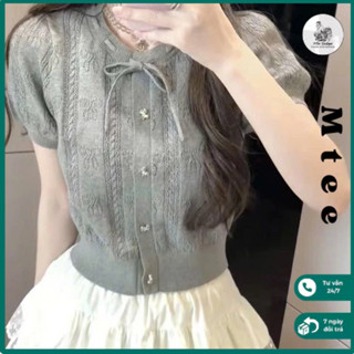 Áo len ngắn tay Mtee cài cơ họa tiết ngọc trai, dáng ôm thiết kế nơ xinh phong cách tiểu thư A47