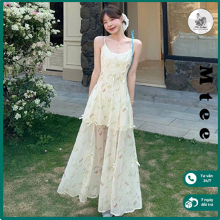 Váy hai dây hoa nhí đi biển Mtee, Đầm maxi hai dây đi biển dáng dài nàng thơ điệu đà D58