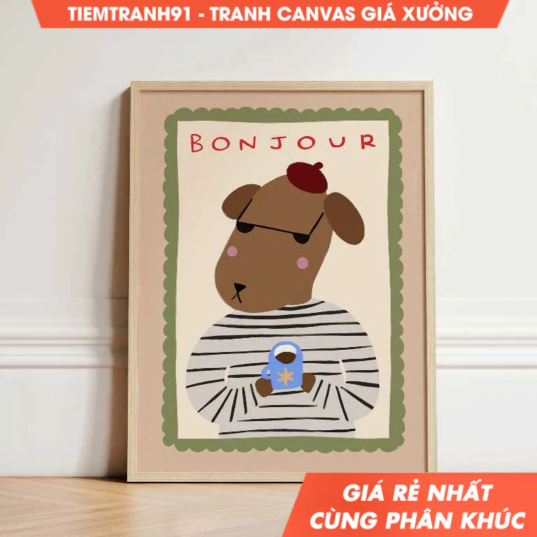 Tranh treo tường ,Bonjour Dog Illustration , Eclectic Art, Coffee Illustration , tặng kèm đinh treo