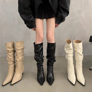 (Hàng Quảng Châu CC) Giày Bốt Cao Gót Mũi Nhọn Đế Độn Nâng 5-8cm 3 Màu Da PU Phong Cách Mới Cho Nữ