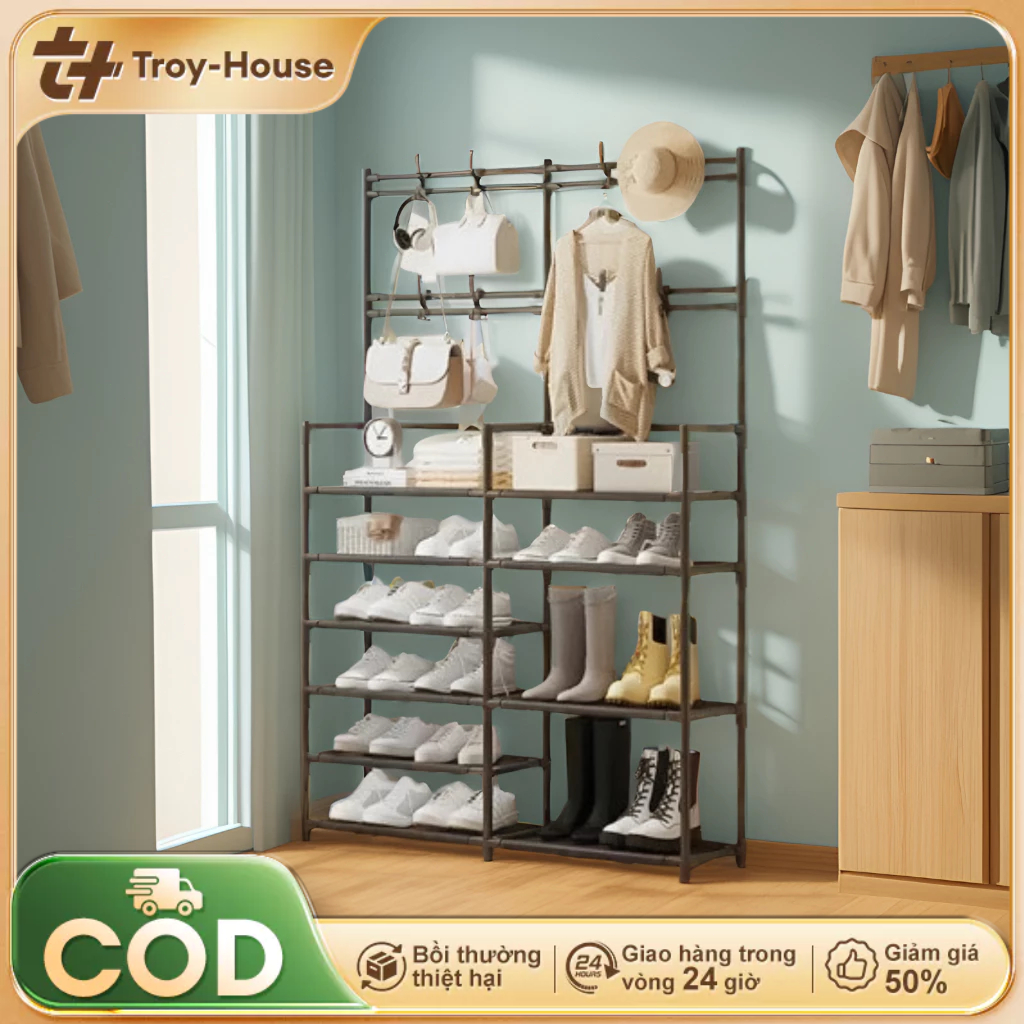 Kệ giày 4/5 tầng đa năng kệ dép có móc treo đồ Kệ Giày Dép treo quần áo
