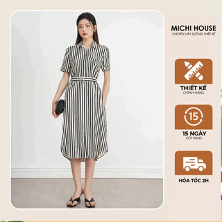 Đầm Suông Công Sở MICHI House Váy Xuông Cổ Sơ Mi Kẻ Sọc Đen Dáng Dài Tặng Kèm Đai Váy Bigsize V736