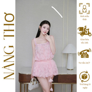  Váy liền 2 dây bản to phối chân bí phồng kèm dây đai họa tiết hoa đính ngọc  NÀNG THƠ  hàng đẹp loại 1 