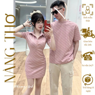  Sét đồ đôi váy body cổ đức + áo thun nam không cổ họa tiết DO dập nổi  ẢNH THẬT  hàng chuẩn loại 1 