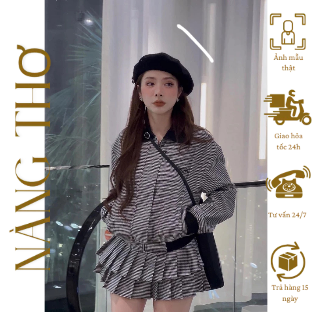  Sét áo bomber cổ đức phối chân váy xếp li  FREESHIP  hàng đẹp loại 1 