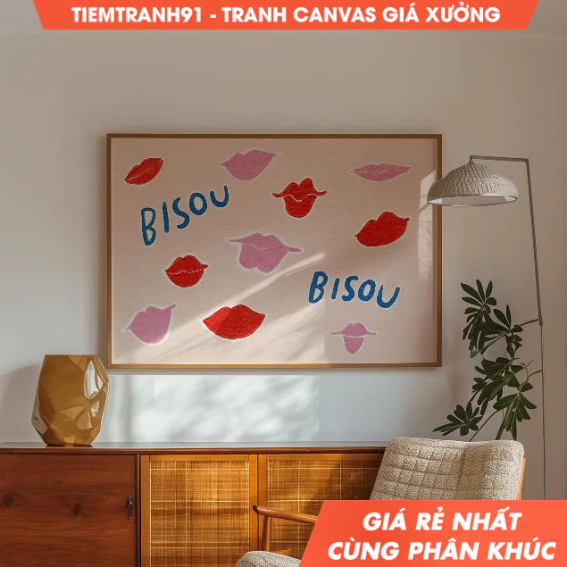 Tranh treo tường, Bisou Bisou Wall Art, Hand Drawn French Poster, Colorful Wall Art ,Kisses Print , 