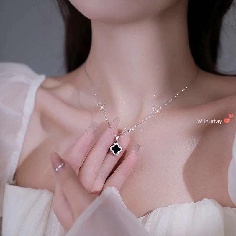 ✨Wilburtay mùa hè Vòng Cổ Cỏ Bốn Lá Màu Đen Sang Trọng Cho Nữ