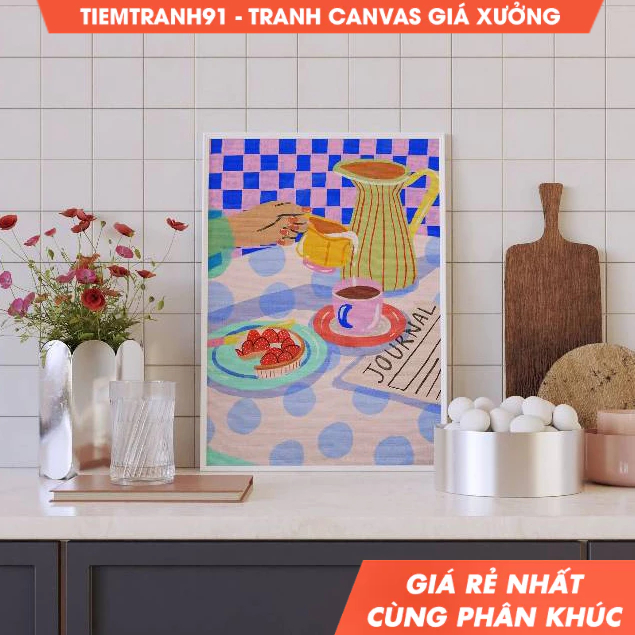 Tranh treo tường, Coffee and Strawberry Pie Illustration, Colorful Wall Art, Bright Art Illustration