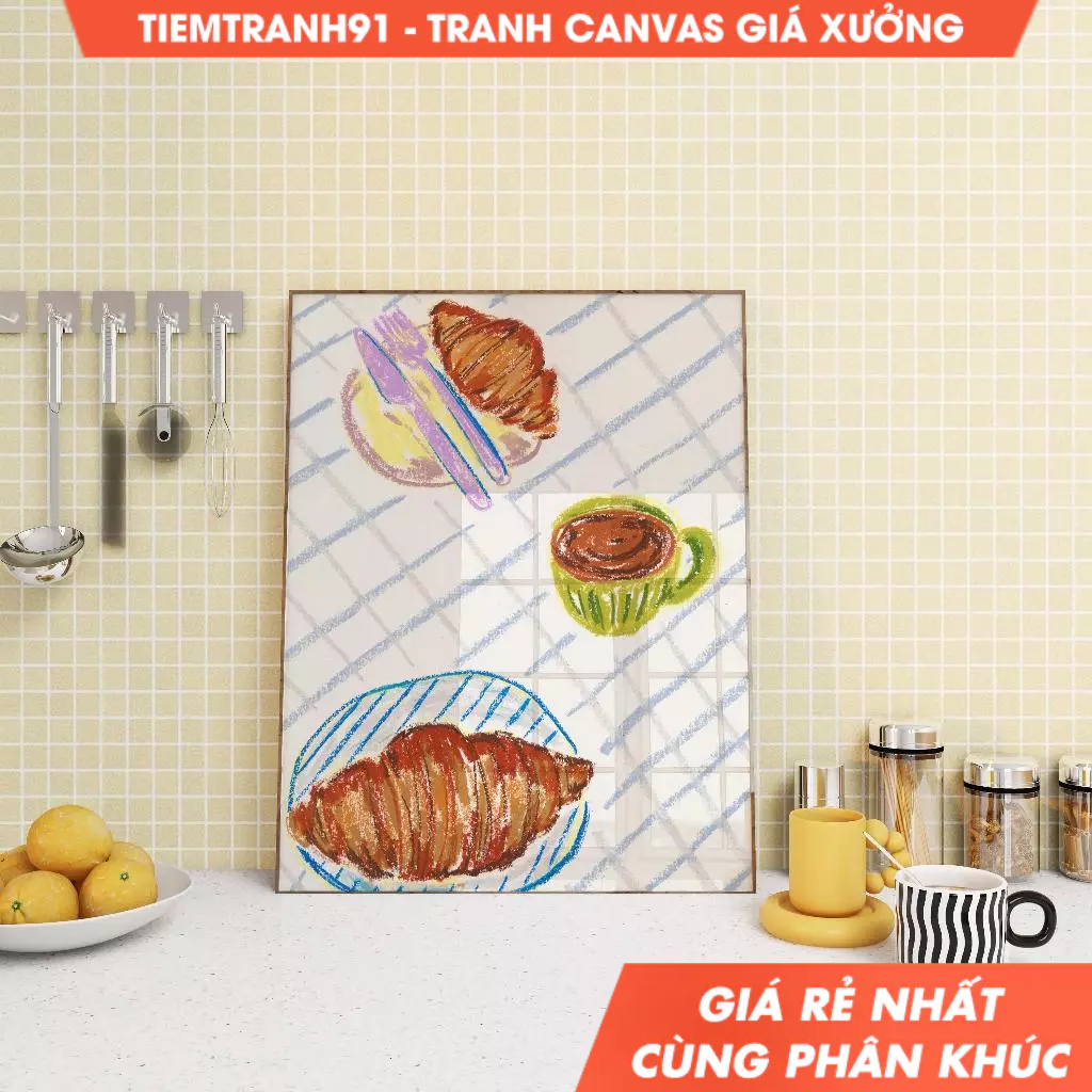 Tranh treo tường,Coffee and Croissant Illustration, Colorful, Still Life Illustration, Printable Art
