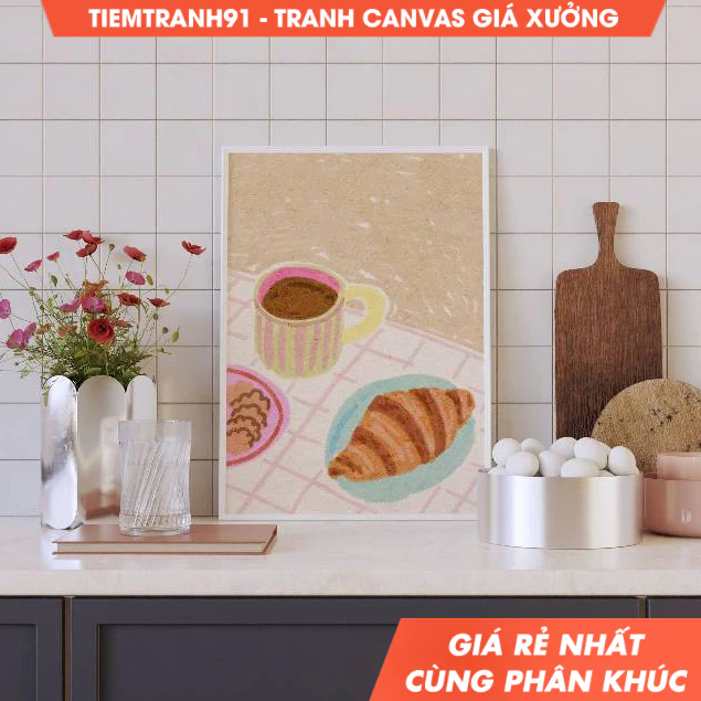 Tranh treo tường,Coffee and Croissant Illustration, Colorful, Still Life Illustration, Printable Art