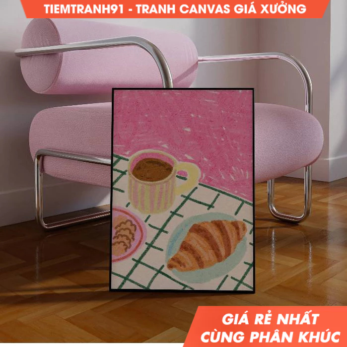 Tranh treo tường,Coffee and Croissant Illustration, Colorful, Still Life Illustration, Printable Art