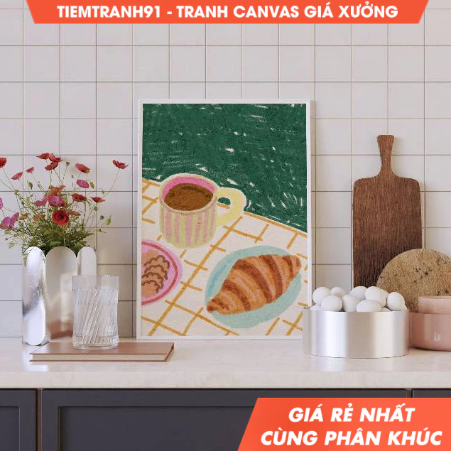 Tranh treo tường,Coffee and Croissant Illustration, Colorful, Still Life Illustration, Printable Art