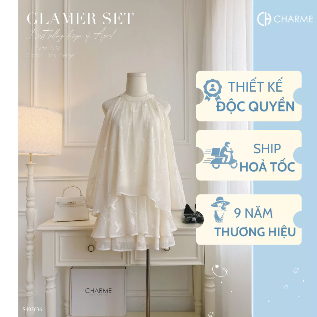 Set cổ yếm vải tơ in hoa đi chơi Charme Store 403036