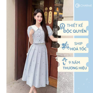 [NA - Hoả tốc] Set đồ công sở áo sơ mi cổ V tay bồng chân váy xoè dài Charme Store 505006