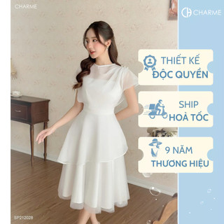 Váy Dự Tiệc Nữ Cổ Tròn CHARME 212028 Thiết Kế Dáng Dài Xòe Ly Vai Đi Chơi, Đi Dự Tiệc