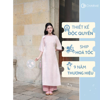 [Tặng quần áo dài] Áo dài tay lỡ lụa gấm hoa hồng đính nơ Charme 410064