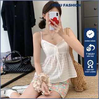 Áo hai dây trắng caro PUPU voan mỏng, Áo dây phối nơ dễ thương style Hàn Quốc A82