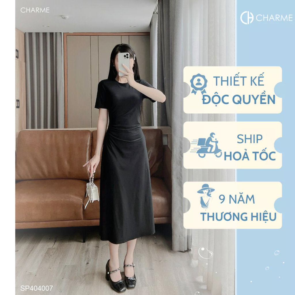 Váy thun dáng dài basic nhúm eo Charme 404007