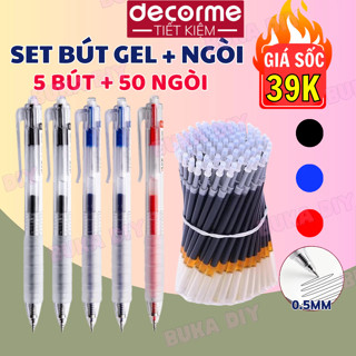 5 bút  50 ngòi Bút gel bấm basic vỏ trong BUKA viết êm mượt ngòi 0.5mm bút đen xanh đỏ nét đẹp mực đậm nhanh khô