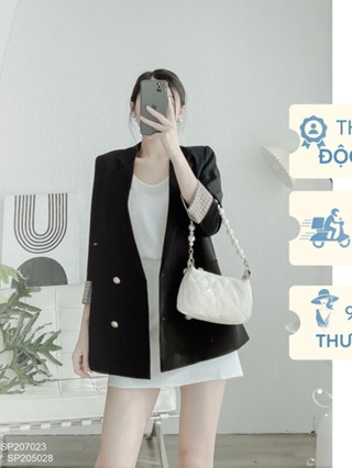  Áo Vest Áo Blazer Nữ Tay Lửng Phối Kẻ Caro Có Đệm Vai Thiết Kế Charme 207023 