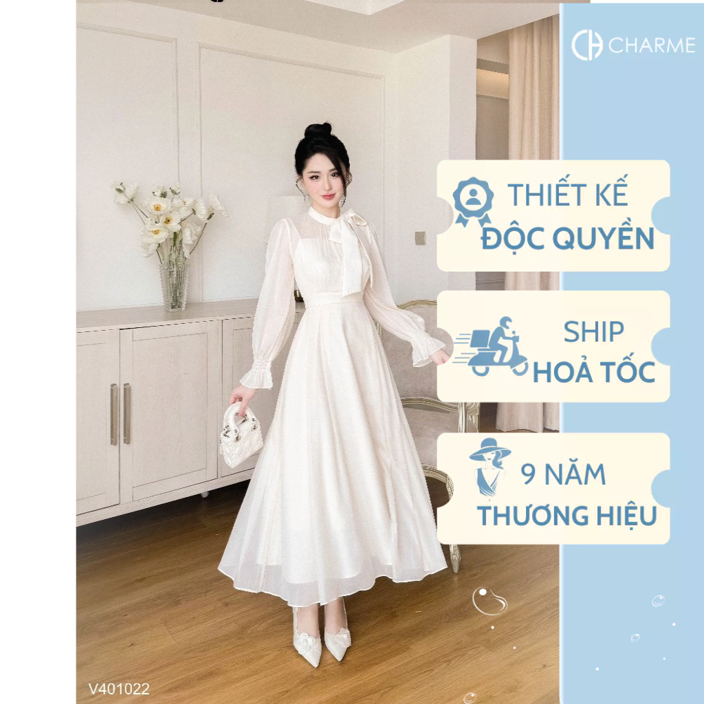 Váy tiểu thư dáng dài nơ cổ Charme 401022