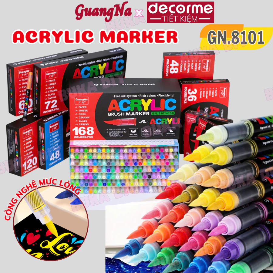 Bút sơn acrylic marker guangna 8101 đầu brush chống thấm nhòe vẽ trên mọi chất liệu 24 48 60 72 120 