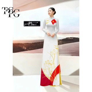 Áo dài lá cờ đỏ sao vàng với hoa sen vàng- Áo Dài TG FASHION - V9- tà dài 138cm tay dài, hoa in 3D
