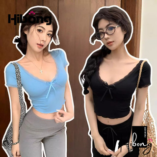Áo Croptop TAY NGẮN CỔ V VIỀN REN THẮT NƠ Thun lạnh Mềm Mát Kiểu Sexy BM00_BM292, Áo Thun Ôm Body Đẹp HIBONG