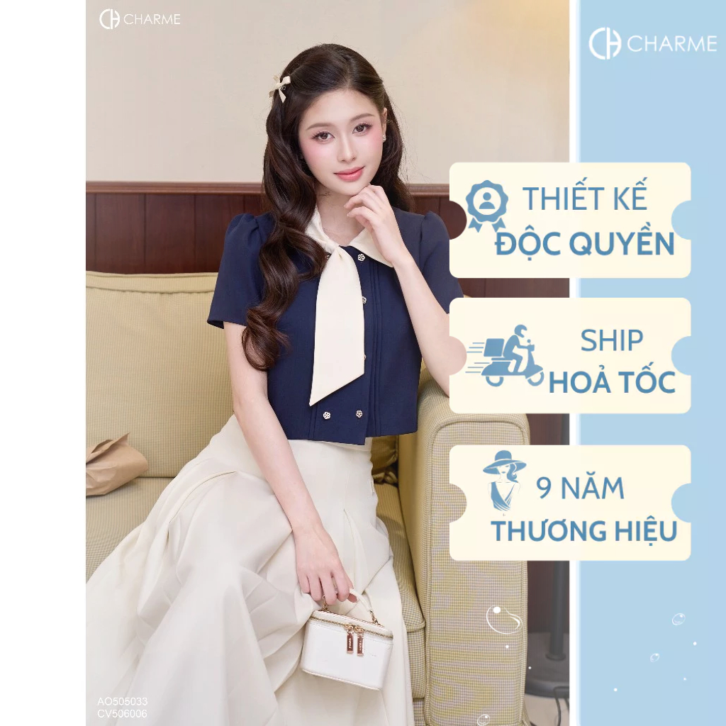 Áo dáng lửng khuy 2 hàng phối cổ nơ Charme Store 505033